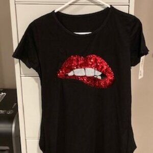 Italy  Moda - Black T-Shirt Mini Dress - "Free Kisses" - Sequined Lips - NWT